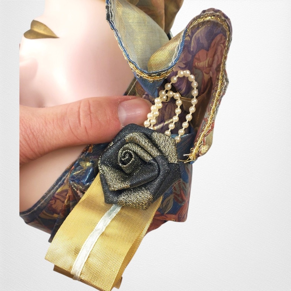 Vintage Porcelain Venetian Carnival Wall Hanging Mask Gold Blue Floral Brocade - Picture 8 of 8